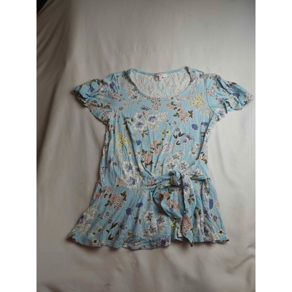Candie's Shirt Womens Medium Blue Floral Peplum Tie Front Short Sleeve Casual